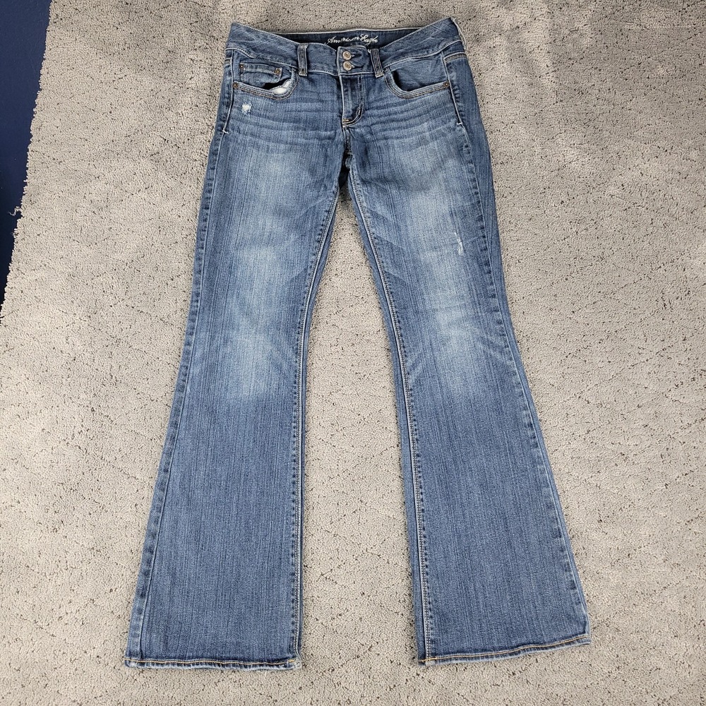 American Eagle Jeans Womens 8 Blue Artist Flare Whisker Low Rise Stretch Denim